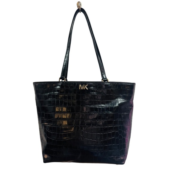 Michael Kors Handbags - Michael Kors Black Croc Embossed Leather Tote Bag Gold Hardware Top Zip